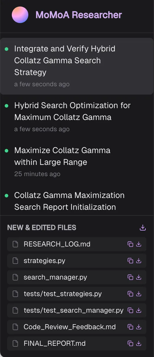 User Interface element for collecting research tasks into research projects.